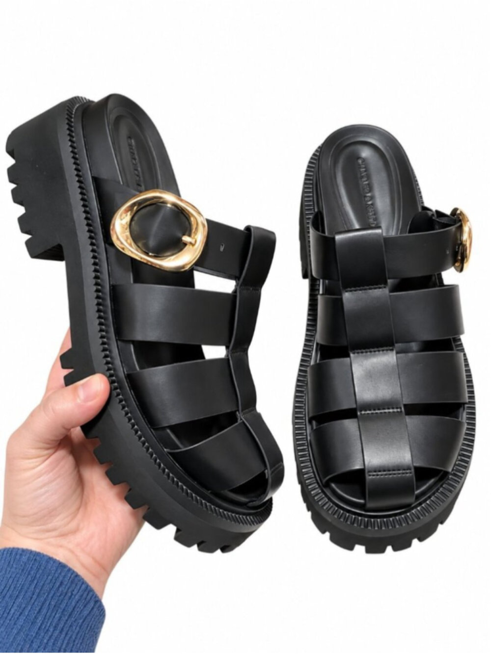 CHARLES & KEITH Fisherman Oval-Buckle Mule Sandals Black Gold 38EU 8US Chunky